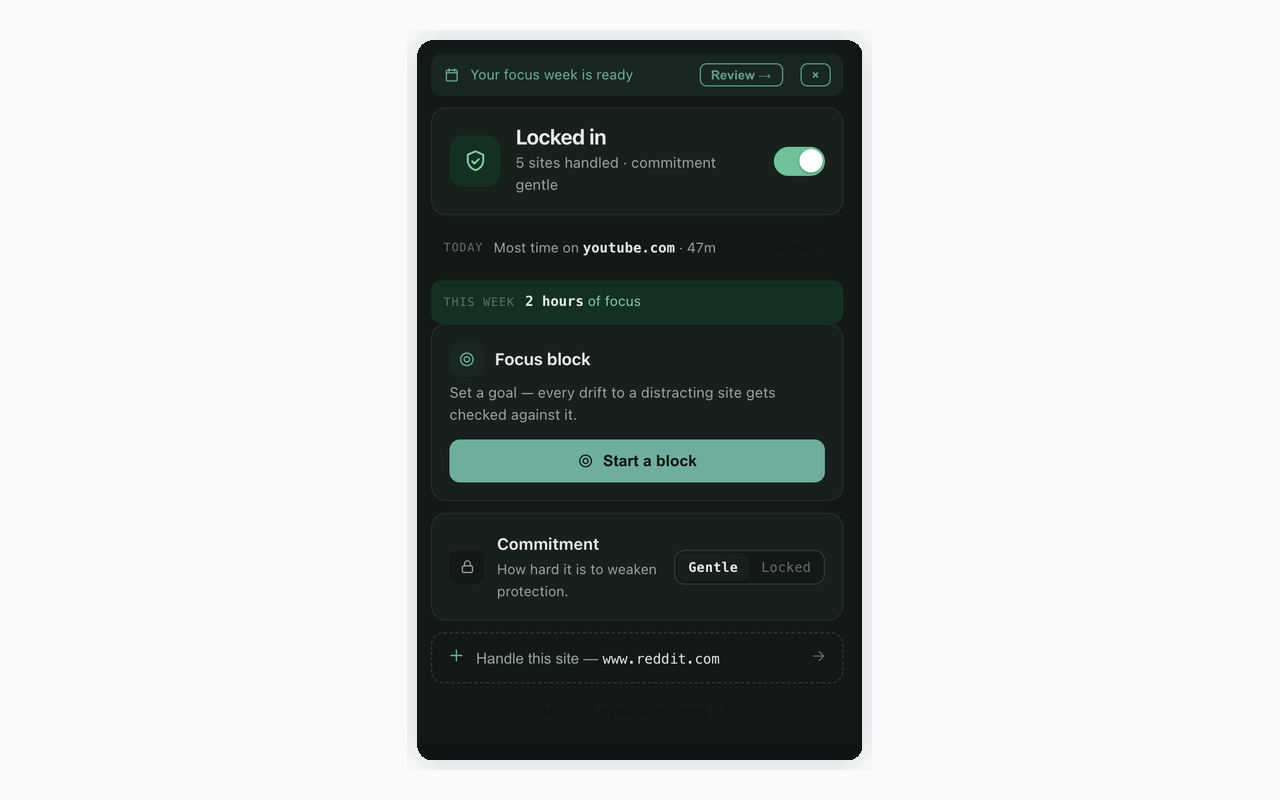 BrowseWell popup showing protection status and quick actions