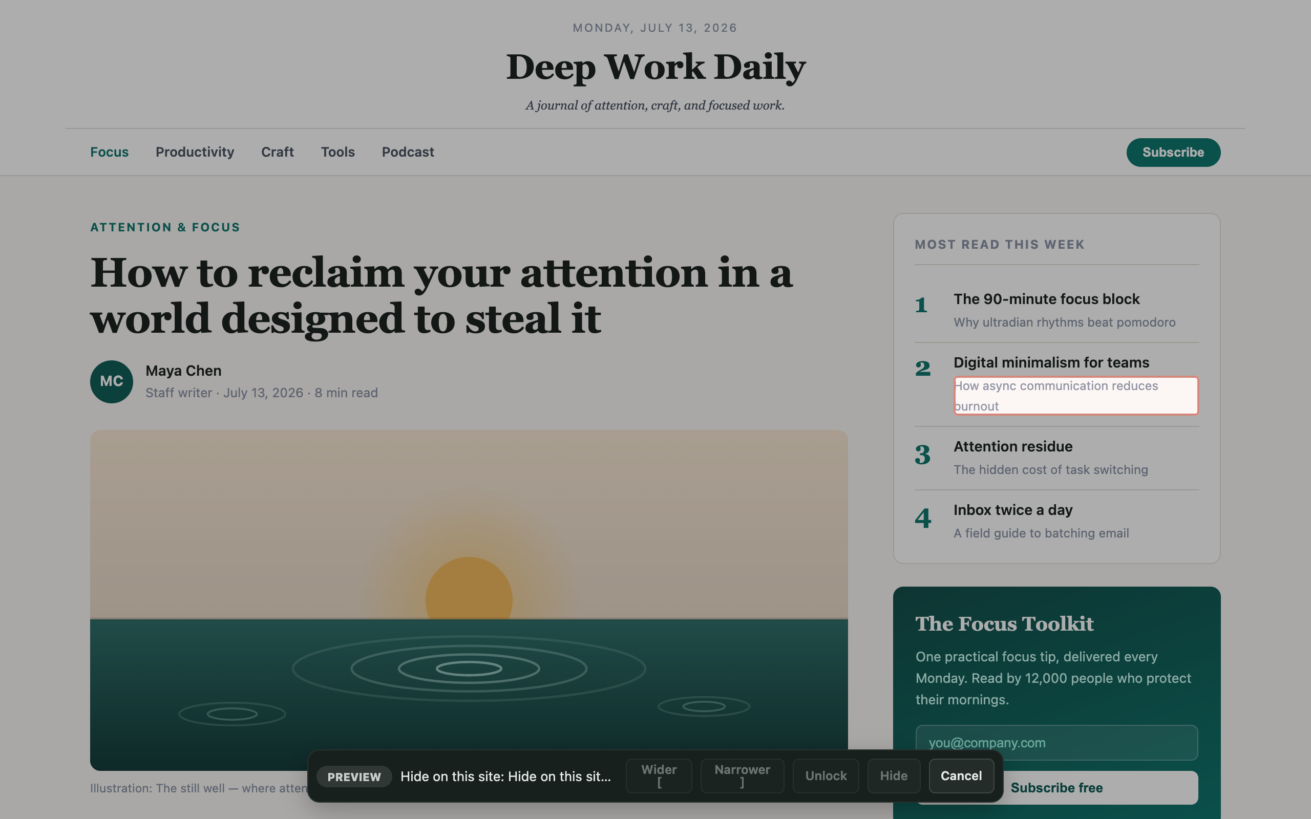 Element picker highlighting a sidebar feed on an article page, ready to hide it