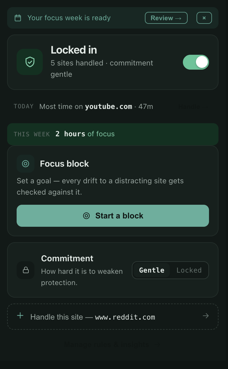 BrowseWell extension popup showing focus mode, hard mode, and distraction blocklist