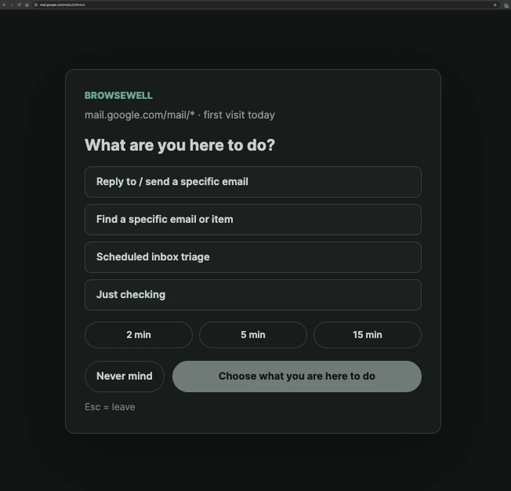 BrowseWell's intent gate covering real Gmail — What are you here to do? with intent options and 2, 5, or 15 minute windows