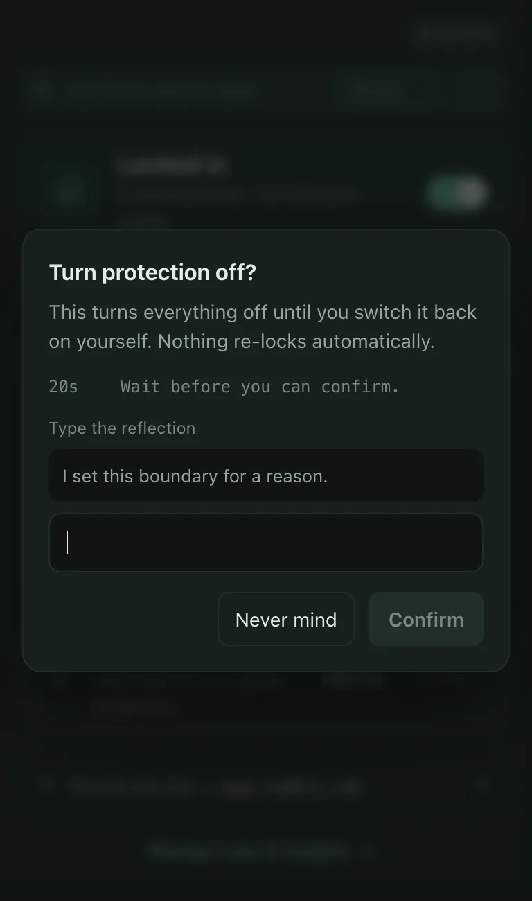 BrowseWell's Hard Mode challenge dialog asking for a typed reflection before a rule change