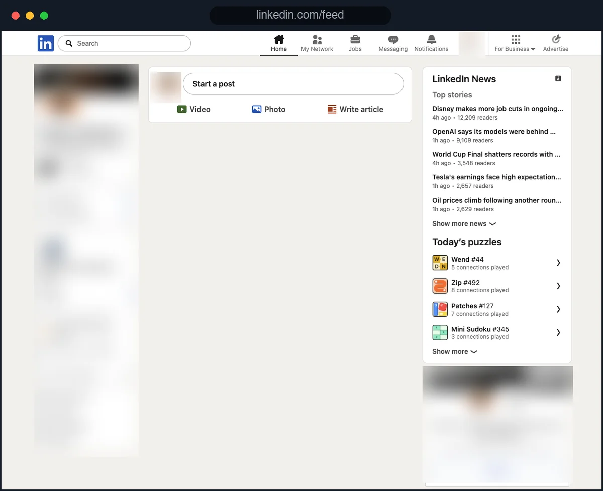 LinkedIn with the feed hidden by BrowseWell: navigation and messaging intact, the feed column empty