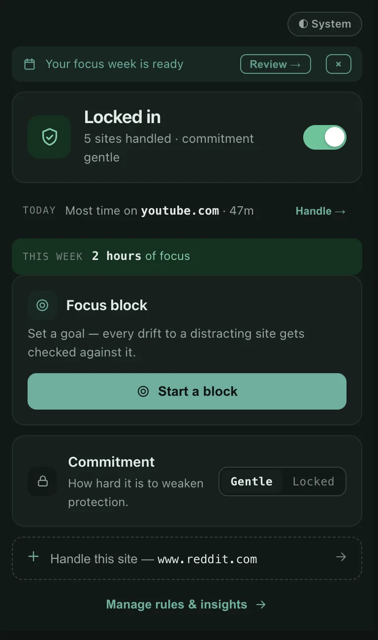 BrowseWell popup overview showing guarded sites, a running focus session, and distraction filters