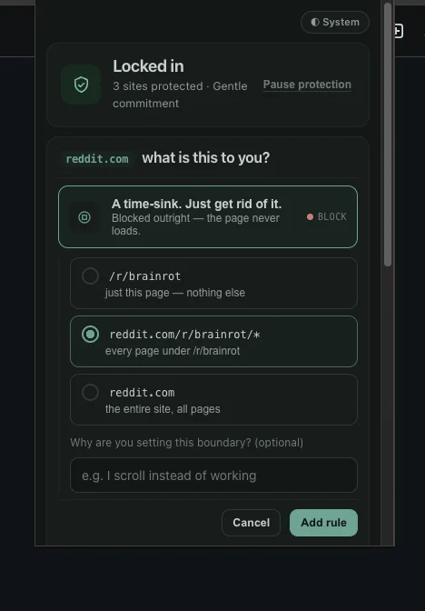 BrowseWell's popup on reddit.com with Block selected and scope options: just /r/brainrot, every page under it, or the whole site