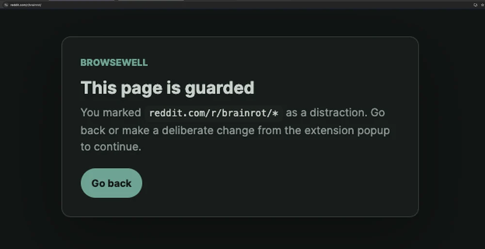 BrowseWell guarding reddit.com/r/brainrot: "This page is guarded" with a Go back button, the Reddit URL visible above