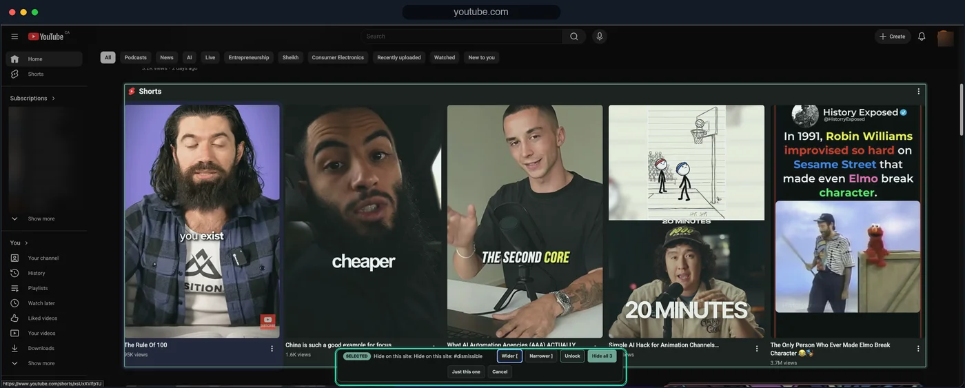 BrowseWell element picker active on the real YouTube Shorts shelf with its toolbar highlighted
