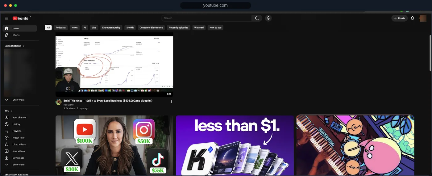 The same YouTube homepage after saving the rule: regular videos remain, the Shorts shelf is gone