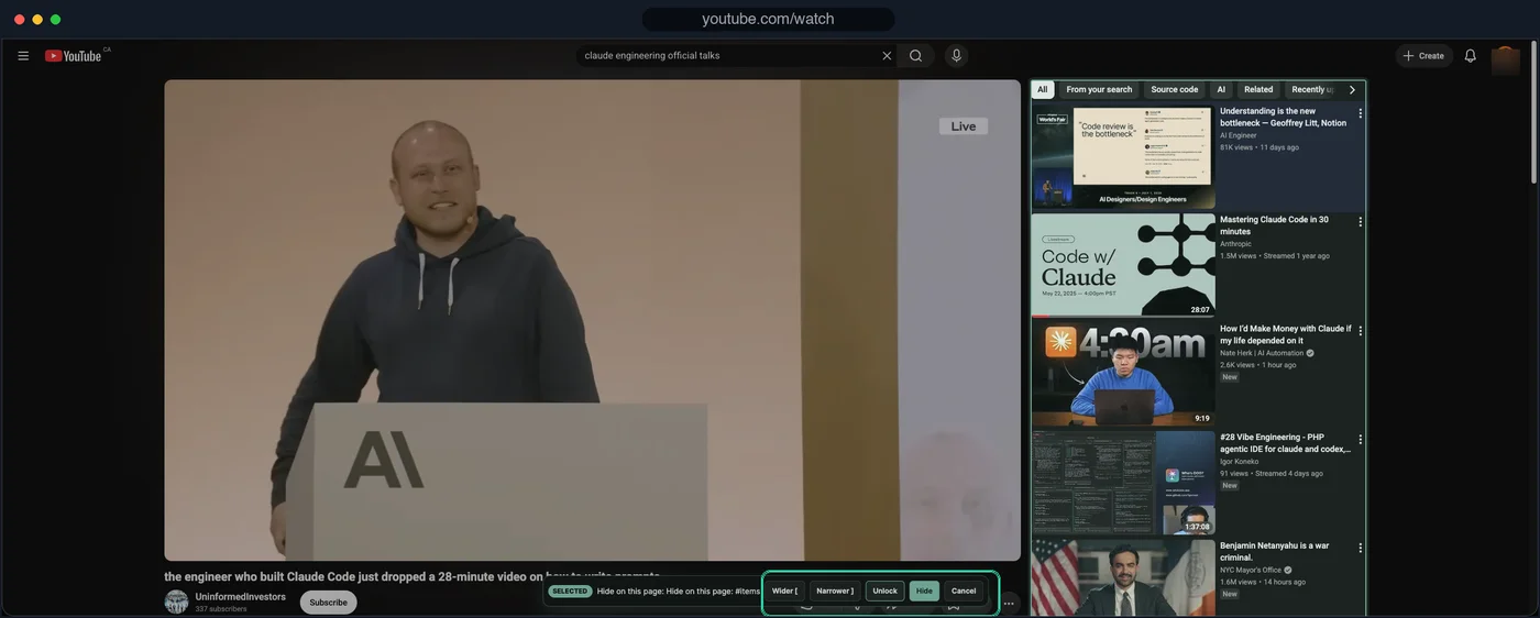 BrowseWell's element picker selecting the related-videos sidebar on a watch page, toolbar highlighted