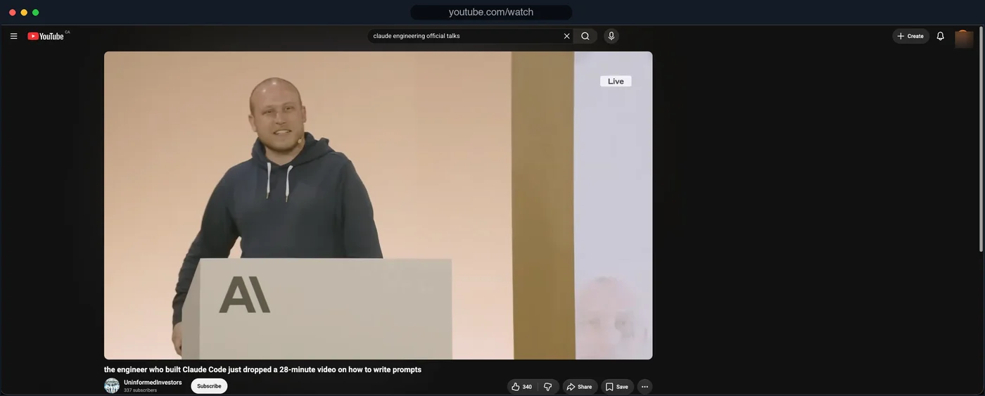 The same watch page with the sidebar hidden — the video plays in a clean layout