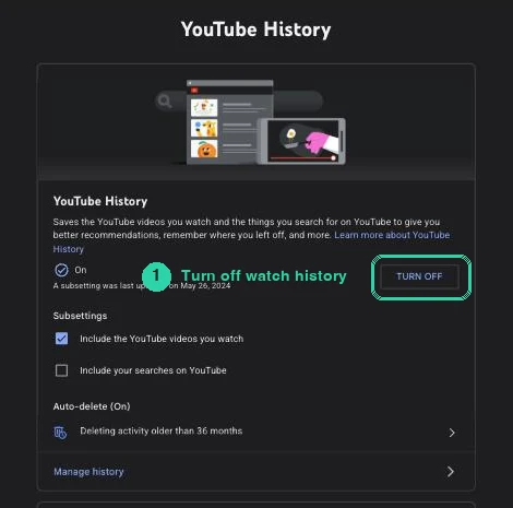 Google's YouTube History controls page with the Turn off button highlighted and a numbered step marker